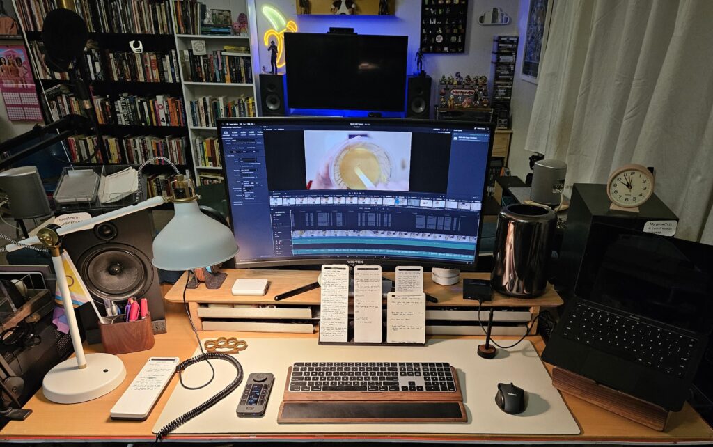 Video editing setup with a bunch of Grovemade