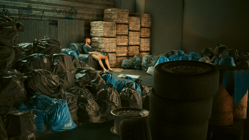 Found the happiest NPC just enjoying his drink in his garbage house.