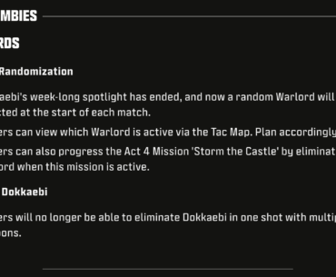 MWZ Update (1/23) - Dokkaebi's week-long spotlight has ended, and now a random Warlord will be selected at the start of each match.