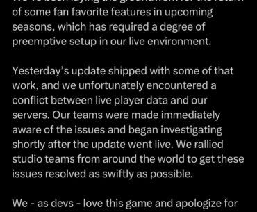 Statement from Devs on the issues with the update