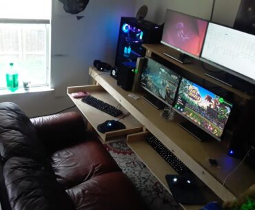 Built a double desk so my GF and I could snuggle while gaming (4 pics)