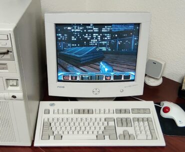 My battlestation. TBH I play on this one more than my modern computer. I built it almost entirely from parts I found at the local dump (aside from the fancy keyboard). Pentium 133.