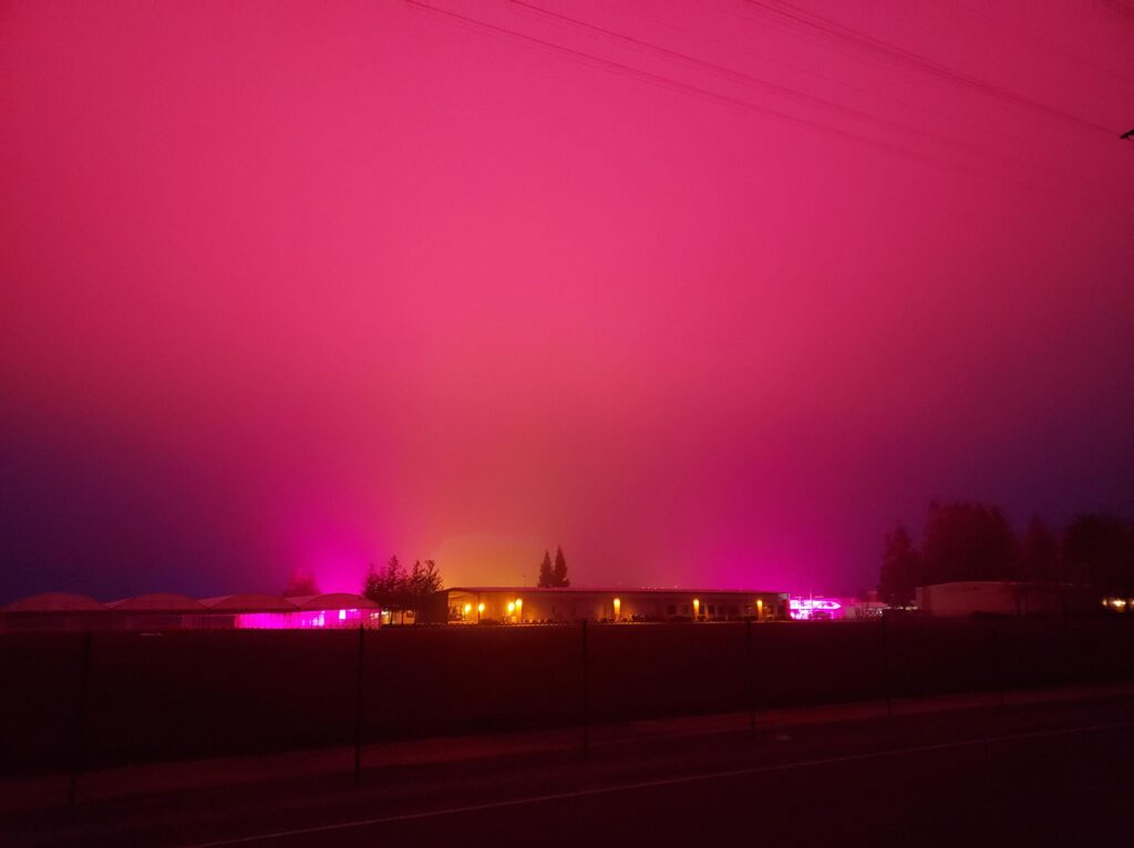 Rural cyberpunk: to compensate for the short winter days, ag corporations near my house are using grow lights that turn the skies pink for miles around.
