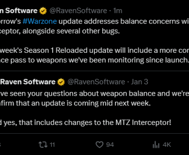 [Raven Software] Tomorrow's #Warzone update addresses balance concerns with the MTZ Interceptor, alongside several other bugs. Next week's Season 1 Reloaded update will include a more comprehensive balance pass to weapons we've been monitoring since launch.