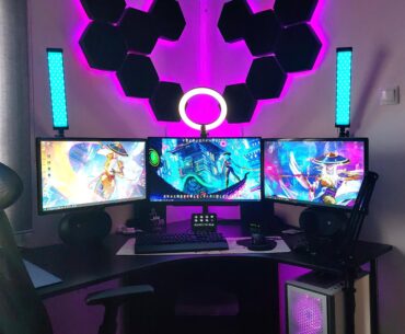 My work-gaming setup. Just changed the center monitor to a 27 inch and the speakers to higher quality studio monitors.
