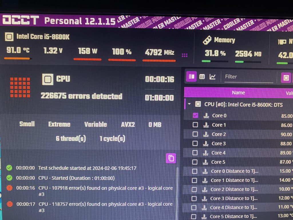 8600k 4.9 GHz, 200k errors in one second