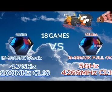 i9-9900K FULL OC vs STOCK IN 18 GAMES | 5GHz 4266CL16 33ns vs 4.7GHz 3200CL16 49ns