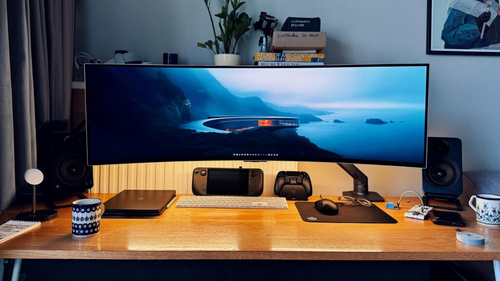 Just a white warm LED strip under my monitor and a toggle switch under the desk is all I need.