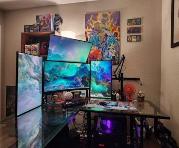My wife says I spend too much time here. Obligatory "ignore the cables" comment. Just moved in and have been playing around with setup and layout but I think this may be where I stick with it.