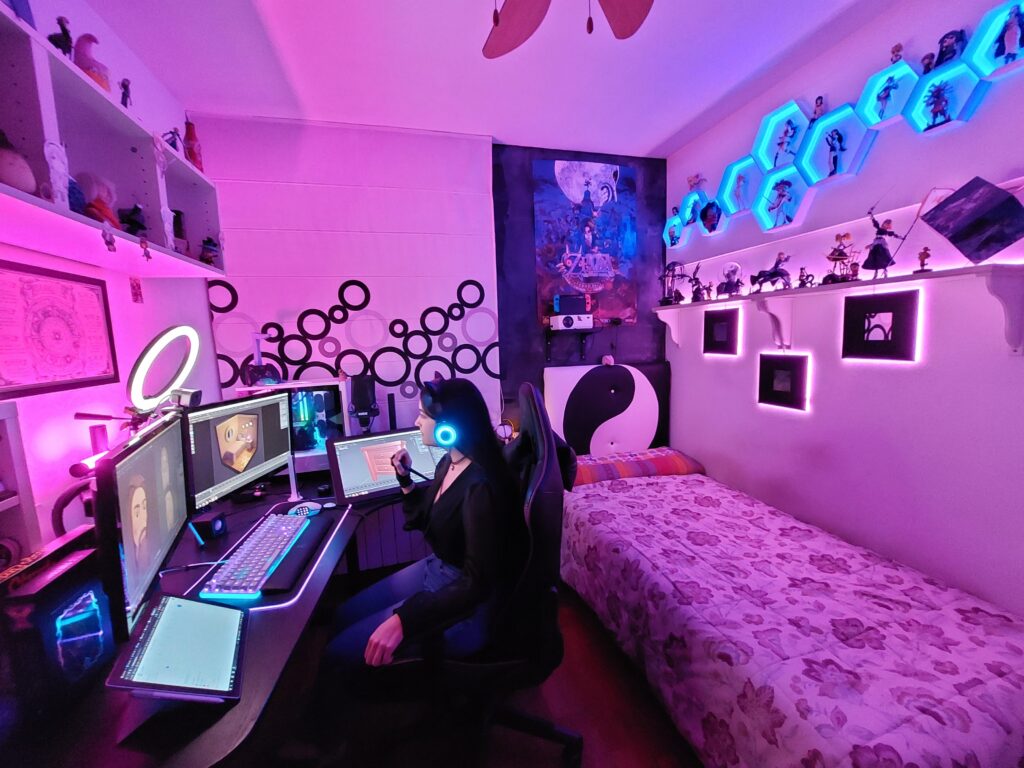 My GF and I build her setup over slowly and it is now a great place for both to chill and work hard. She has a projector on top of the bed for late night game sessions