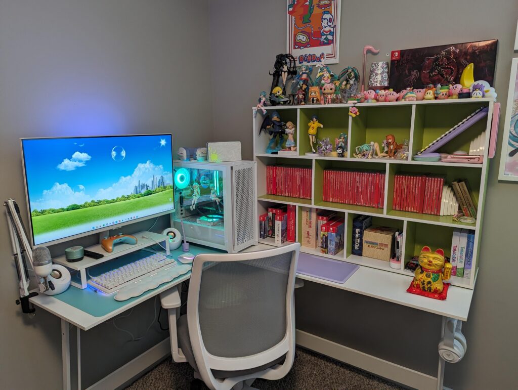 Slowly but surely upgrading my space with a frutiger aero theme. Next step: floating shelves and some scenic wall panels! Forgive the dangly cables (getting a cable organizer soon).