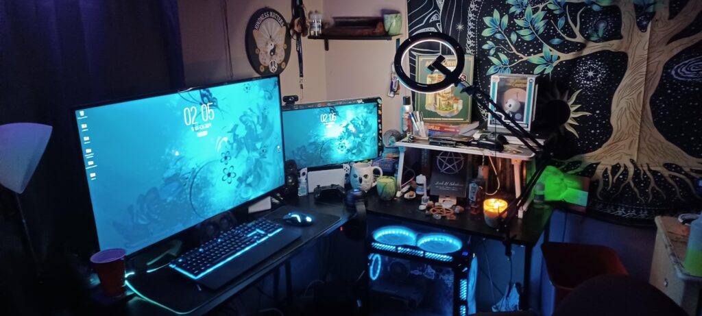 Just got my cluttered desk organized. Honestly could use a bigger desk but I make it work. PC Specs: Ryzen 5 3600, 6600xt   32Gb 3600mhz cl16 Ram, 5 TB SSD storage.