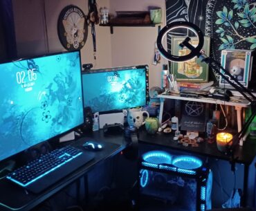 Just got my cluttered desk organized. Honestly could use a bigger desk but I make it work. PC Specs: Ryzen 5 3600, 6600xt   32Gb 3600mhz cl16 Ram, 5 TB SSD storage.