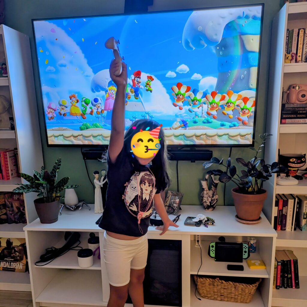 About a month ago I shared that I randomly surprised my 6 y/o with Super Mario Bros Wonder. Well, she beat it.