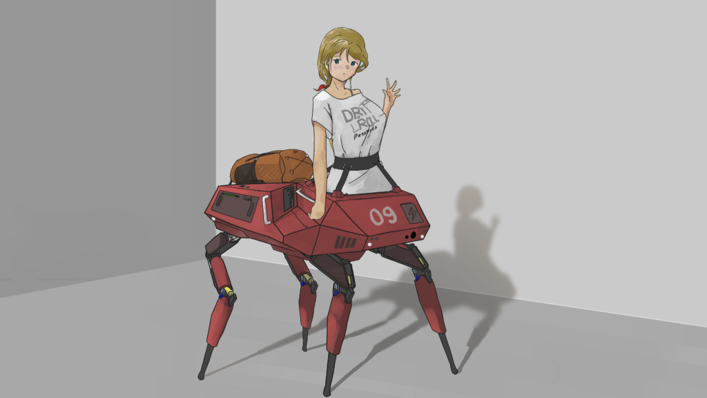 Near Sci-fi Cybernetic Centaur, referenced a Boston Dynamics robot for the prosthesis and Hip Disarticulation for the girl.