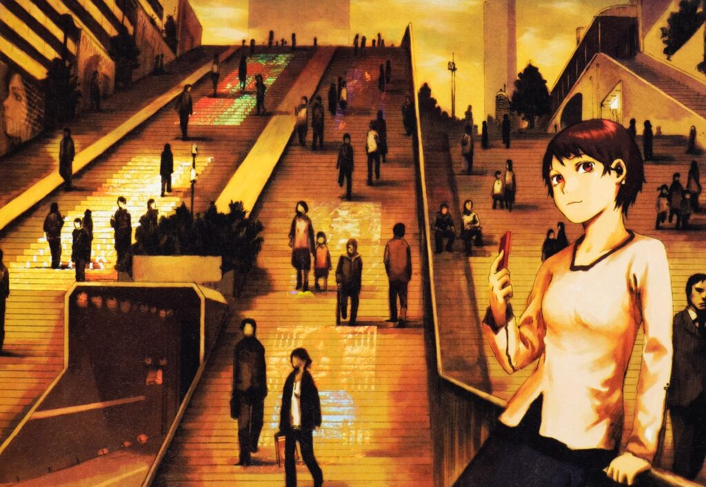 Utilizing the space of the stairs for advertising. Artwork by Yoshitoshi ABe
