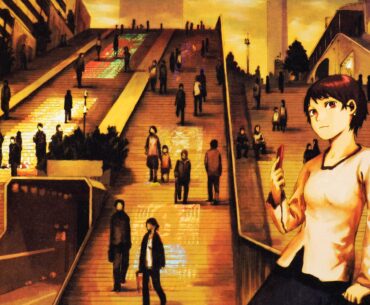 Utilizing the space of the stairs for advertising. Artwork by Yoshitoshi ABe