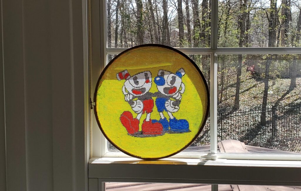 I made a Cuphead thing. Window screen with stained glass paints. Hope you like it.