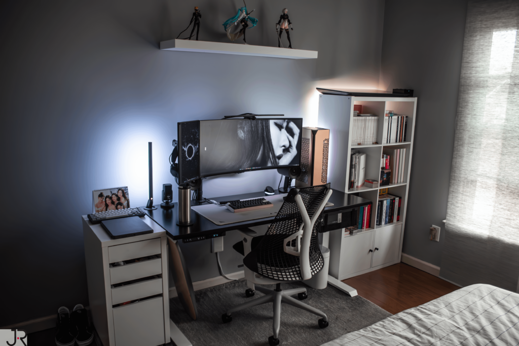 Gaming/Work setup so far. Would love a bigger desk eventually.