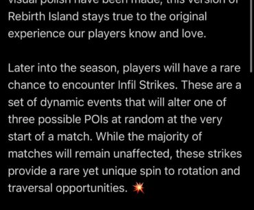 Raven clarifies that Rebirth will launch as the original experience without destroyed structures. Later into S3 matches will have a rare chance to have dynamic events at 1 of 3 areas to shake things up