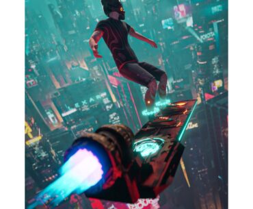 Flying skateboard in CYBERPUNK city.
