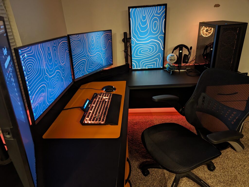 Got this desk for free, it was a weird blue color that I covered over with vinyl, finally got all the basics to my battlestation set up on it today.