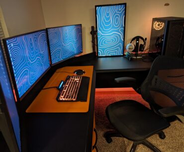 Got this desk for free, it was a weird blue color that I covered over with vinyl, finally got all the basics to my battlestation set up on it today.