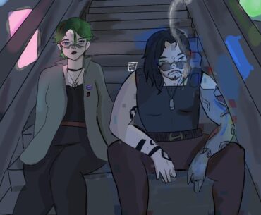 Johnny and V on some stairs (art by me)