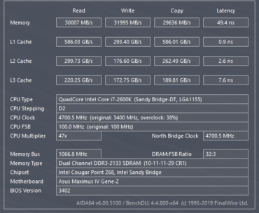Aida64 Results after overclocking Patriot DDR3 1600 C9 ram.