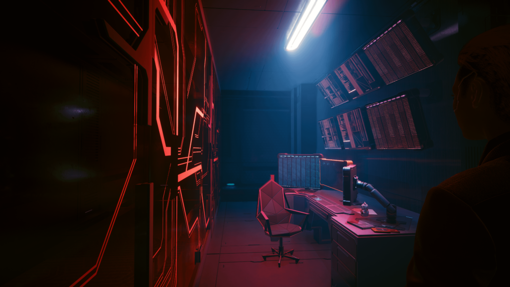 Corpo V's workstation looks like a depressing migraine.