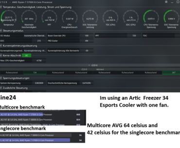 Ryzen 7 5700X running with Curve Optimizer and Auto-OC. Temperatures: 23°C idle, 50-55°C in gaming  and with a small cooler at 15% fan speed. However, PPT, TPC, and EDC are extremely high. I didnt touch anything. But the CPU runs very stable and cool at 4,75ghz