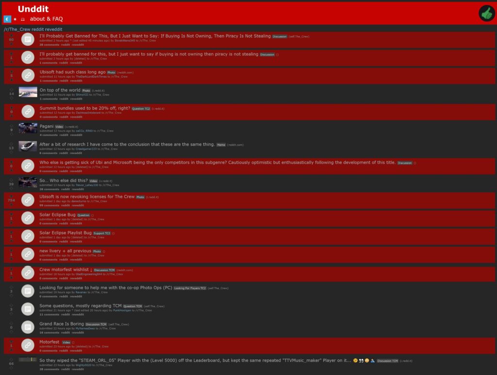 The subreddit r/The_Crew is run by Ubisoft itself and they are desperately removing any post about, the crew 1 license being removed, stopkillinggames, and especially any posts about how Steam and Sony are handing out refunds to The Crew 1 game.