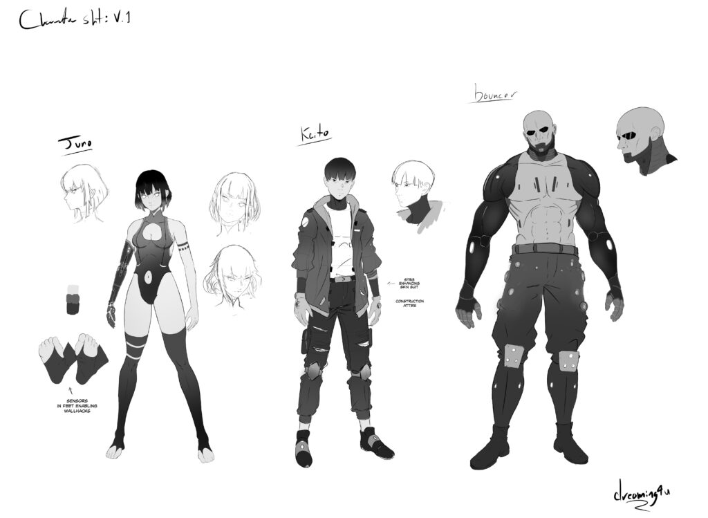 Back to working on character sheets for my manga after a mild bout with the flu. Added a "bouncer" character with some cyber mods.
