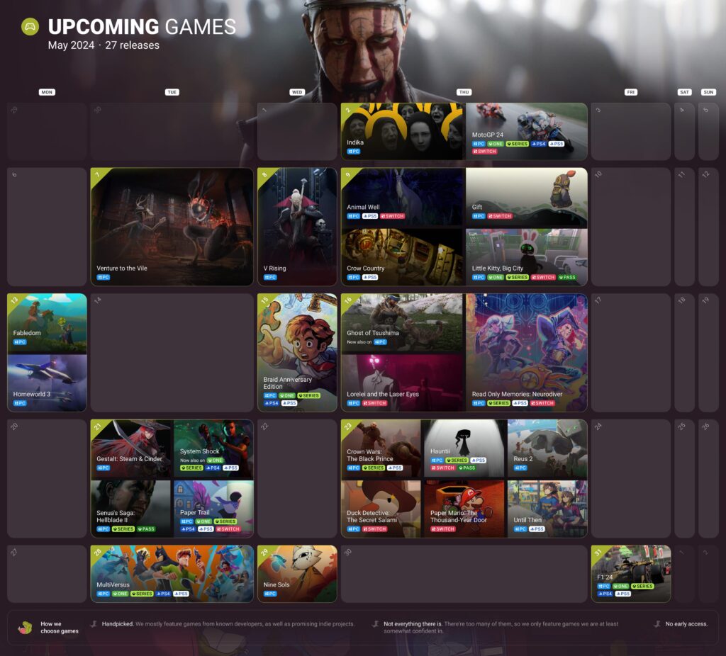 My friends and I made a calendar of upcoming games for May 2024
