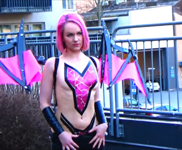 Swedish girl with pink devil cosplay wings
