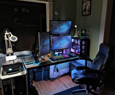 Kids are getting older and using the playroom less, so I sectioned off a corner for a new main floor setup. Still working on the last bit of cable mgmt.