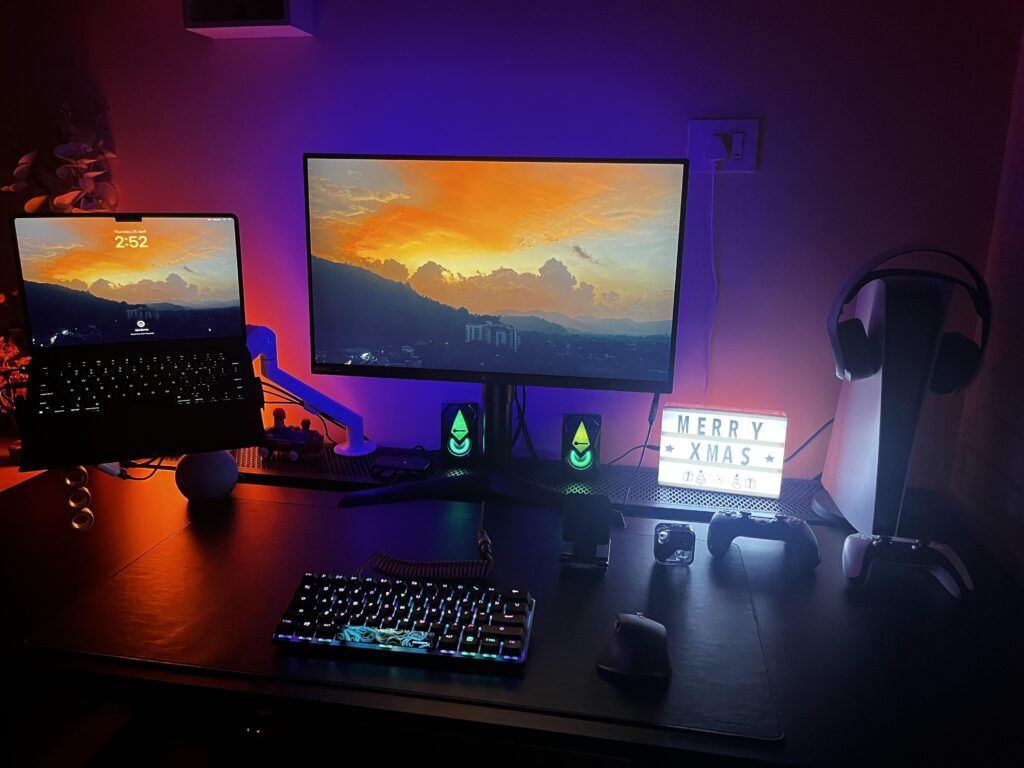 Here is my latest average work/chill station. Would love to get some recommendations for upgrading my speakers to average or slightly above average level