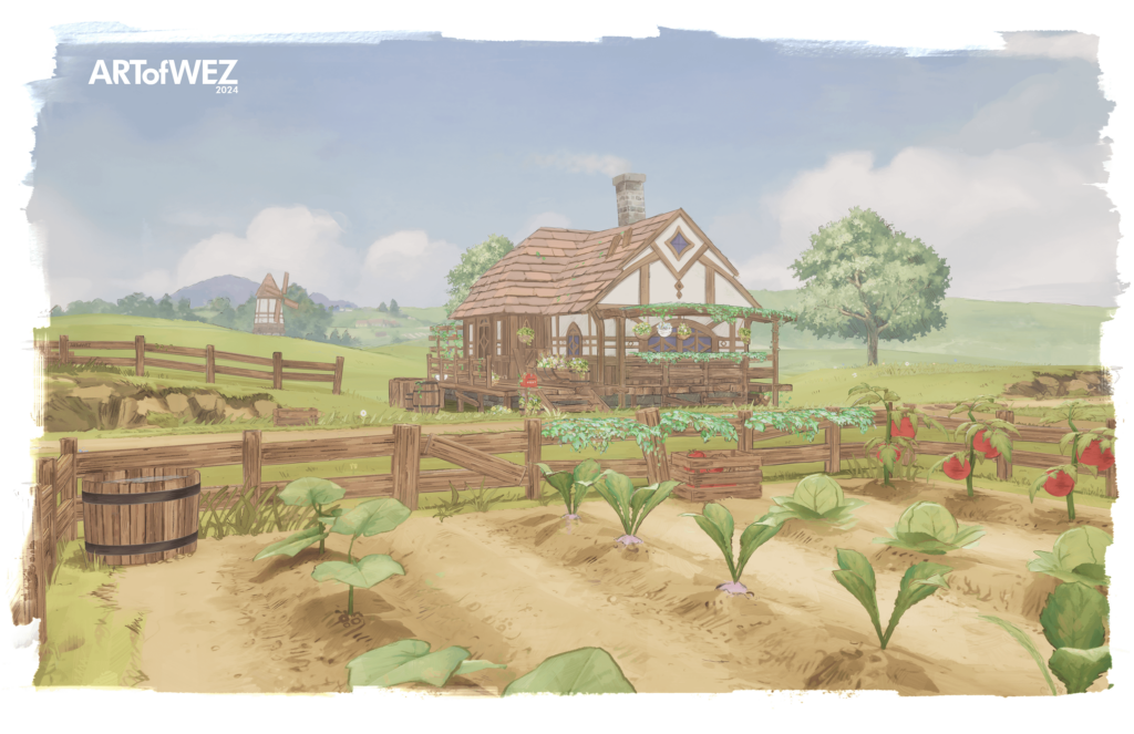 An illustration I did. A love letter to farming games like Story of Seasons, Rune Factory, Harvest Moon, and Stardew. A mix of Blender, Unreal Engine, and Photoshop. I may show a fly-through sometime in the future that resembles a title screen of one of those games if there is interest :). An illustration I did. A love letter to farming games like Story of Seasons, Rune Factory, Harvest Moon, and Stardew. A mix of Blender, Unreal Engine, and Photoshop. I may show a fly-through sometime in the future that resembles a title screen of one of those games if there is interest :).