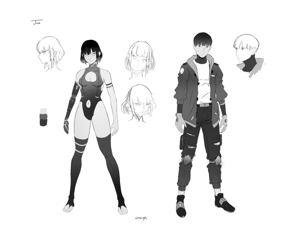 A WIP character sheet from a cyberpunk manga I am working on. Let me know what you think so far.