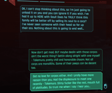 I like Takemura but don't think Saul should sell out to the corps. What the hell am I supposed to say here?
