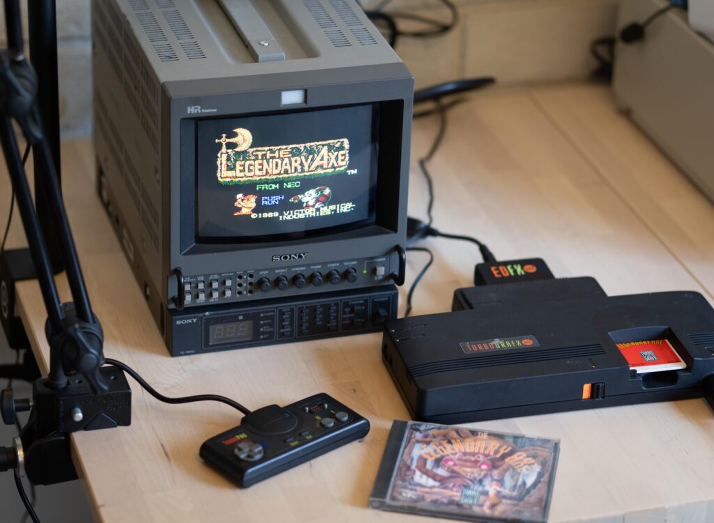 A lovely way to spend my lunch break: "Legendary Axe" on the TurboGrafx-16 and Sony mini-Trinitron display