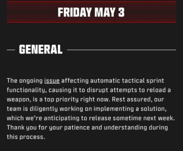 No Fix for Auto Tac Sprint Reload Issue Until Sometime Next Week