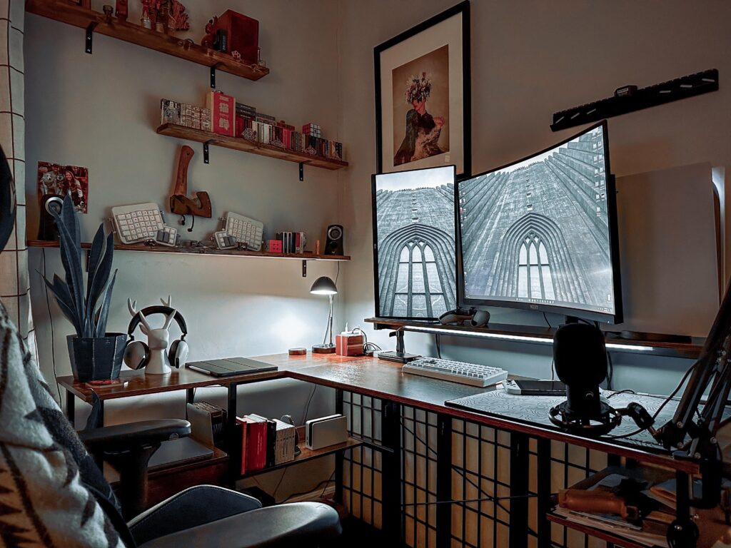 New desk - just need to move up the wall mount for the third monitor and it will be complete.