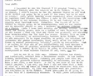 Philip K. Dick previews Blade Runner(1982): "You collectively may have created a unique new form of graphic, artistic expression, never before seen"