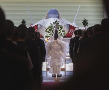 Shinto priest blessing first Japan domestically produced F-35 at Mitsubishi facility, Nagoya