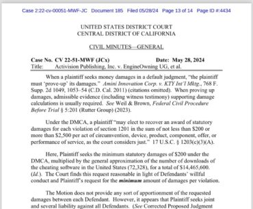 BREAKING: Activision has been granted default judgement in its court case against cheat provider EngineOwning. Judge ruled EngineOwning owes Activision $14.45M in damages and $292,900 in legal fees. Judge ruled EngineOwning website domain must be transferred to Activision.