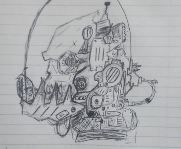 A rough sketch of a cyberpunk skull