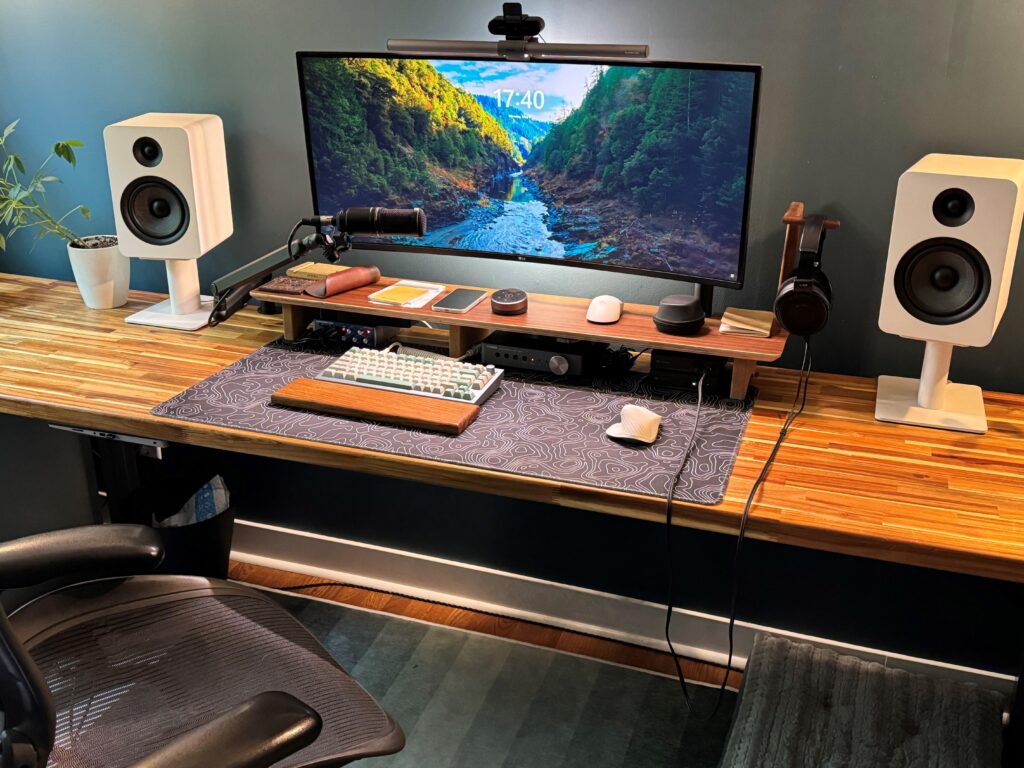Headphone hanger + mic arm have been put off for too long, but now my audio setup works for both personal PC and work laptop. And no more cats knocking my headphones off the desk!