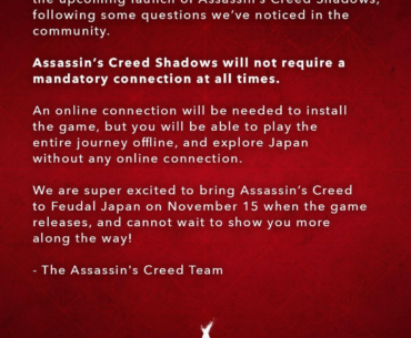 Ubisoft clears the air about Assassin's Creed: Shadows requiring constant internet connection to play.
