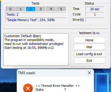 tm5 keeps crashing ! i have been crashing alot on a game ( cs2 )
and i tried to install this program to see if theres any problem with the ram
but it keeps giving me the message.

what is the problem and how can i fix it ?
im a total noob regarding this stuff so explain to me like im 5 plz